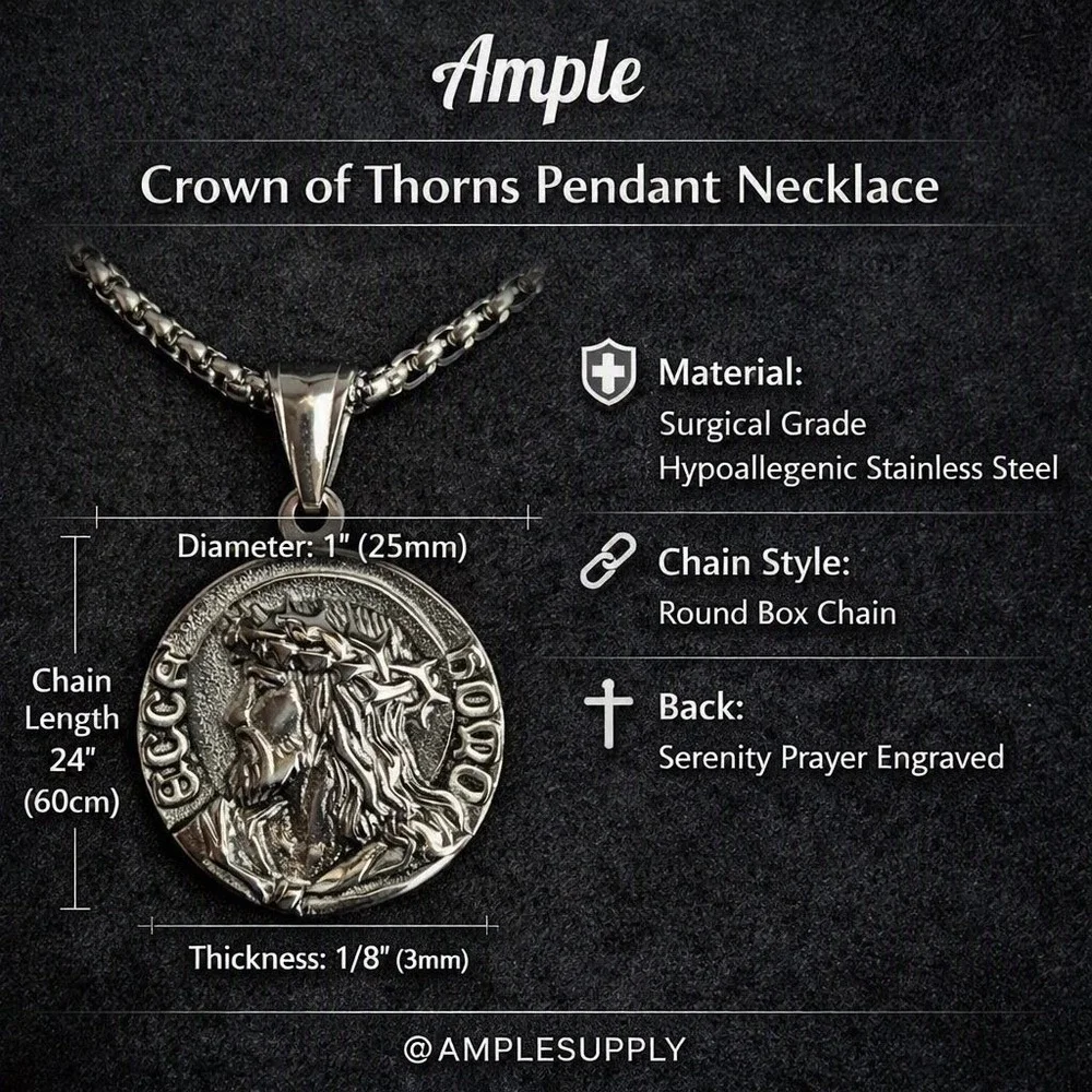 Ample Ecce Homo Christ Crown of Thorns Serenity Prayer Necklace Stainless Steel